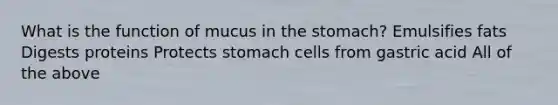 What is the function of mucus in the stomach? Emulsifies fats Digests proteins Protects stomach cells from gastric acid All of the above