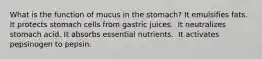 What is the function of mucus in the stomach? ​It emulsifies fats. ​It protects stomach cells from gastric juices. ​ It neutralizes stomach acid. ​It absorbs essential nutrients. ​ It activates pepsinogen to pepsin.