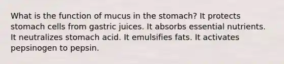 What is the function of mucus in the stomach? It protects stomach cells from gastric juices. ​It absorbs essential nutrients. ​It neutralizes stomach acid. ​It emulsifies fats. ​It activates pepsinogen to pepsin.