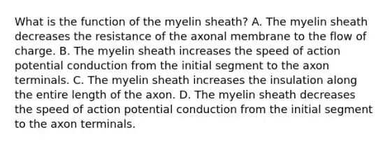 What is the function of the myelin sheath? A. The myelin sheath decreases the resistance of the axonal membrane to the flow of charge. B. The myelin sheath increases the speed of action potential conduction from the initial segment to the axon terminals. C. The myelin sheath increases the insulation along the entire length of the axon. D. The myelin sheath decreases the speed of action potential conduction from the initial segment to the axon terminals.