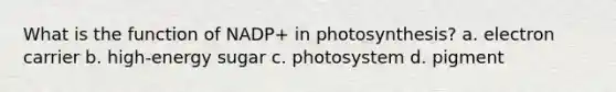 What is the function of NADP+ in photosynthesis? a. electron carrier b. high-energy sugar c. photosystem d. pigment