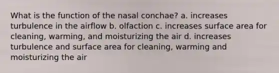 What is the function of the nasal conchae? a. increases turbulence in the airflow b. olfaction c. increases surface area for cleaning, warming, and moisturizing the air d. increases turbulence and surface area for cleaning, warming and moisturizing the air