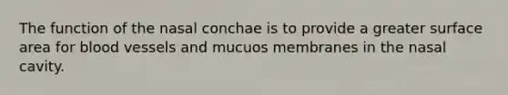 The function of the nasal conchae is to provide a greater surface area for blood vessels and mucuos membranes in the nasal cavity.