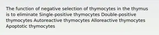 The function of negative selection of thymocytes in the thymus is to eliminate Single-positive thymocytes Double-positive thymocytes Autoreactive thymocytes Alloreactive thymocytes Apoptotic thymocytes