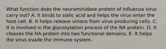 What function does the neuraminidase protein of influenza virus carry out? A. It binds to sialic acid and helps the virus enter the host cell. B. It helps release virions from virus producing cells. C. It is involved in the glycosylation process of the NA protein. D. It cleaves the HA protein into two functional domains. E. It helps the virus evade the immune system.