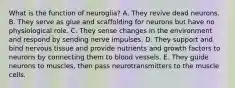 What is the function of neuroglia? A. They revive dead neurons. B. They serve as glue and scaffolding for neurons but have no physiological role. C. They sense changes in the environment and respond by sending nerve impulses. D. They support and bind nervous tissue and provide nutrients and growth factors to neurons by connecting them to blood vessels. E. They guide neurons to muscles, then pass neurotransmitters to the muscle cells.