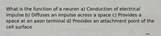 What is the function of a neuron a) Conduction of electrical impulse b) Diffuses an impulse across a space c) Provides a space at an axon terminal d) Provides an attachment point of the cell surface