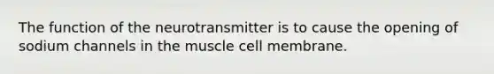 The function of the neurotransmitter is to cause the opening of sodium channels in the muscle cell membrane.