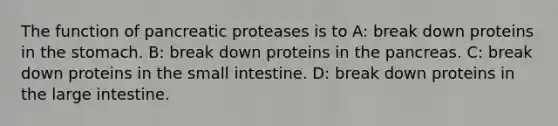 The function of pancreatic proteases is to A: break down proteins in the stomach. B: break down proteins in the pancreas. C: break down proteins in the small intestine. D: break down proteins in the large intestine.