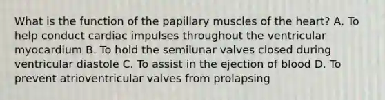 What is the function of the papillary muscles of the heart? A. To help conduct cardiac impulses throughout the ventricular myocardium B. To hold the semilunar valves closed during ventricular diastole C. To assist in the ejection of blood D. To prevent atrioventricular valves from prolapsing