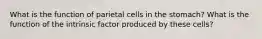 What is the function of parietal cells in the stomach? What is the function of the intrinsic factor produced by these cells?