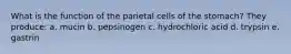 What is the function of the parietal cells of the stomach? They produce: a. mucin b. pepsinogen c. hydrochloric acid d. trypsin e. gastrin