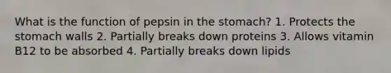 What is the function of pepsin in the stomach? 1. Protects the stomach walls 2. Partially breaks down proteins 3. Allows vitamin B12 to be absorbed 4. Partially breaks down lipids