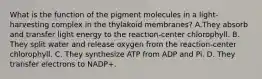 What is the function of the pigment molecules in a light-harvesting complex in the thylakoid membranes? A.They absorb and transfer light energy to the reaction-center chlorophyll. B. They split water and release oxygen from the reaction-center chlorophyll. C. They synthesize ATP from ADP and Pi. D. They transfer electrons to NADP+.