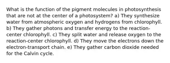 What is the function of the pigment molecules in photosynthesis that are not at the center of a photosystem? a) They synthesize water from atmospheric oxygen and hydrogens from chlorophyll. b) They gather photons and transfer energy to the reaction-center chlorophyll. c) They split water and release oxygen to the reaction-center chlorophyll. d) They move the electrons down the electron-transport chain. e) They gather carbon dioxide needed for the Calvin cycle.