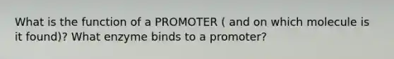 What is the function of a PROMOTER ( and on which molecule is it found)? What enzyme binds to a promoter?