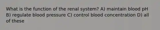 What is the function of the renal system? A) maintain blood pH B) regulate blood pressure C) control blood concentration D) all of these