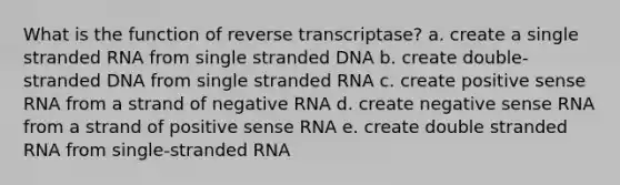 What is the function of reverse transcriptase? a. create a single stranded RNA from single stranded DNA b. create double-stranded DNA from single stranded RNA c. create positive sense RNA from a strand of negative RNA d. create negative sense RNA from a strand of positive sense RNA e. create double stranded RNA from single-stranded RNA