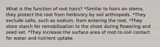 What is the function of root hairs? *Similar to hairs on stems, they protect the root from herbivory by soil arthropods. *They exclude salts, such as sodium, from entering the root. *They store starch for remobilization to the shoot during flowering and seed set. *They increase the surface area of root-to-soil contact for water and nutrient uptake.