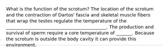 What is the function of the scrotum? The location of the scrotum and the contraction of Dartos' fascia and skeletal muscle fibers that wrap the testes regulate the temperature of the ____________________________________________. The production and survival of sperm require a core temperature of _______. Because the scrotum is outside the body cavity it can provide this environment.