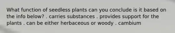 What function of seedless plants can you conclude is it based on the info below? . carries substances . provides support for the plants . can be either herbaceous or woody . cambium