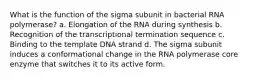 What is the function of the sigma subunit in bacterial RNA polymerase? a. Elongation of the RNA during synthesis b. Recognition of the transcriptional termination sequence c. Binding to the template DNA strand d. The sigma subunit induces a conformational change in the RNA polymerase core enzyme that switches it to its active form.