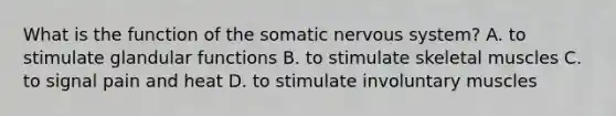 What is the function of the somatic nervous system? A. to stimulate glandular functions B. to stimulate skeletal muscles C. to signal pain and heat D. to stimulate involuntary muscles