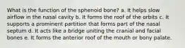 What is the function of the sphenoid bone? a. It helps slow airflow in the nasal cavity b. It forms the roof of the orbits c. It supports a prominent partition that forms part of the nasal septum d. It acts like a bridge uniting the cranial and facial bones e. It forms the anterior roof of the mouth or bony palate.