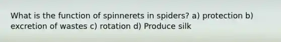 What is the function of spinnerets in spiders? a) protection b) excretion of wastes c) rotation d) Produce silk