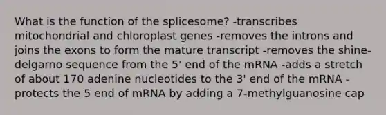 What is the function of the splicesome? -transcribes mitochondrial and chloroplast genes -removes the introns and joins the exons to form the mature transcript -removes the shine-delgarno sequence from the 5' end of the mRNA -adds a stretch of about 170 adenine nucleotides to the 3' end of the mRNA -protects the 5 end of mRNA by adding a 7-methylguanosine cap