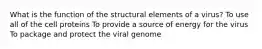 What is the function of the structural elements of a virus? To use all of the cell proteins To provide a source of energy for the virus To package and protect the viral genome