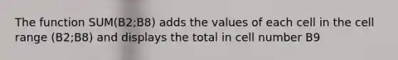 The function SUM(B2;B8) adds the values of each cell in the cell range (B2;B8) and displays the total in cell number B9