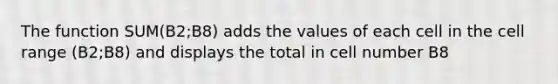 The function SUM(B2;B8) adds the values of each cell in the cell range (B2;B8) and displays the total in cell number B8