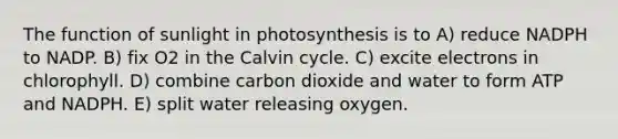 The function of sunlight in photosynthesis is to A) reduce NADPH to NADP. B) fix O2 in the Calvin cycle. C) excite electrons in chlorophyll. D) combine carbon dioxide and water to form ATP and NADPH. E) split water releasing oxygen.