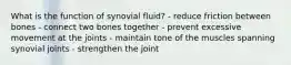 What is the function of synovial fluid? - reduce friction between bones - connect two bones together - prevent excessive movement at the joints - maintain tone of the muscles spanning synovial joints - strengthen the joint