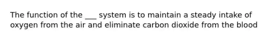 The function of the ___ system is to maintain a steady intake of oxygen from the air and eliminate carbon dioxide from <a href='https://www.questionai.com/knowledge/k7oXMfj7lk-the-blood' class='anchor-knowledge'>the blood</a>