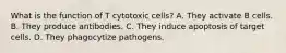 What is the function of T cytotoxic cells? A. They activate B cells. B. They produce antibodies. C. They induce apoptosis of target cells. D. They phagocytize pathogens.