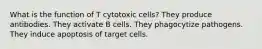 What is the function of T cytotoxic cells? They produce antibodies. They activate B cells. They phagocytize pathogens. They induce apoptosis of target cells.