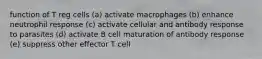 function of T reg cells (a) activate macrophages (b) enhance neutrophil response (c) activate cellular and antibody response to parasites (d) activate B cell maturation of antibody response (e) suppress other effector T cell