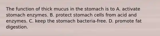 The function of thick mucus in the stomach is to A. activate stomach enzymes. B. protect stomach cells from acid and enzymes. C. keep the stomach bacteria-free. D. promote fat digestion.