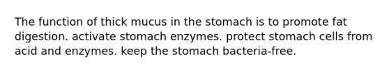 The function of thick mucus in the stomach is to promote fat digestion. activate stomach enzymes. protect stomach cells from acid and enzymes. keep the stomach bacteria-free.