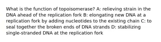 What is the function of topoisomerase? A: relieving strain in the DNA ahead of the replication fork B: elongating new DNA at a replication fork by adding nucleotides to the existing chain C: to seal together the broken ends of DNA strands D: stabilizing single-stranded DNA at the replication fork