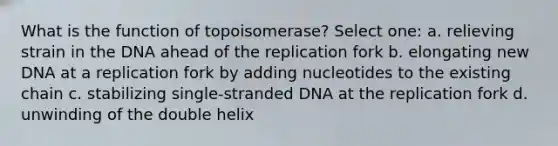 What is the function of topoisomerase? Select one: a. relieving strain in the DNA ahead of the replication fork b. elongating new DNA at a replication fork by adding nucleotides to the existing chain c. stabilizing single-stranded DNA at the replication fork d. unwinding of the double helix