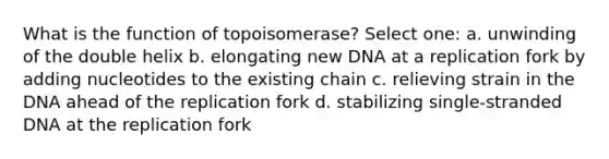 What is the function of topoisomerase? Select one: a. unwinding of the double helix b. elongating new DNA at a replication fork by adding nucleotides to the existing chain c. relieving strain in the DNA ahead of the replication fork d. stabilizing single-stranded DNA at the replication fork