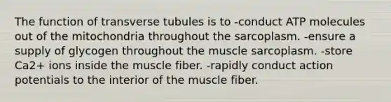 The function of transverse tubules is to -conduct ATP molecules out of the mitochondria throughout the sarcoplasm. -ensure a supply of glycogen throughout the muscle sarcoplasm. -store Ca2+ ions inside the muscle fiber. -rapidly conduct action potentials to the interior of the muscle fiber.