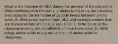 What is the function of tRNA during the process of translation? A. tRNA combines with ribosomal proteins to make up the ribosome and catalyzes the formation of peptide bonds between amino acids. B. tRNA is transcribed from DNA and contains codons that are translated into amino acid sequence. C. tRNA binds to the ribosome-binding site on mRNA to initiate translation. D. tRNA brings amino acids to a growing chain of amino acids in ribosomes.