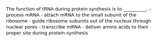 The function of tRNA during protein synthesis is to __________. - process mRNA - attach mRNA to the small subunit of the ribosome - guide ribosome subunits out of the nucleus through nuclear pores - transcribe mRNA - deliver amino acids to their proper site during protein synthesis