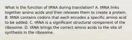 What is the function of tRNA during translation? A. tRNA links together amino acids and then releases them to create a protein. B. tRNA contains codons that each encodes a specific amino acid to be added. C. tRNA is a significant structural component of the ribosome. D. tRNA brings the correct amino acids to the site of synthesis in the ribosome.