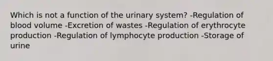 Which is not a function of the urinary system? -Regulation of blood volume -Excretion of wastes -Regulation of erythrocyte production -Regulation of lymphocyte production -Storage of urine