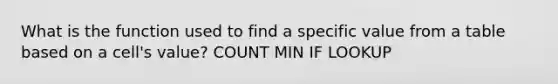 What is the function used to find a specific value from a table based on a cell's value? COUNT MIN IF LOOKUP